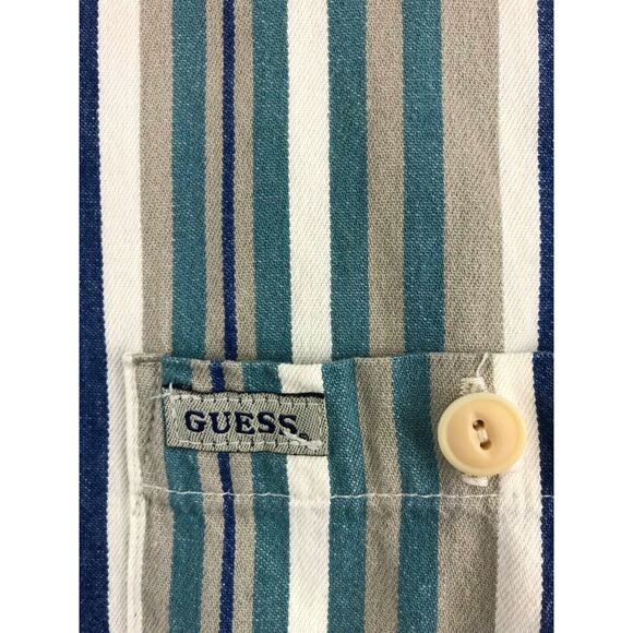 Vintage 90s GUESS JEANS Mens Large Striped Canvas Button Front Shirt Blue Tan - Picture 2 of 5